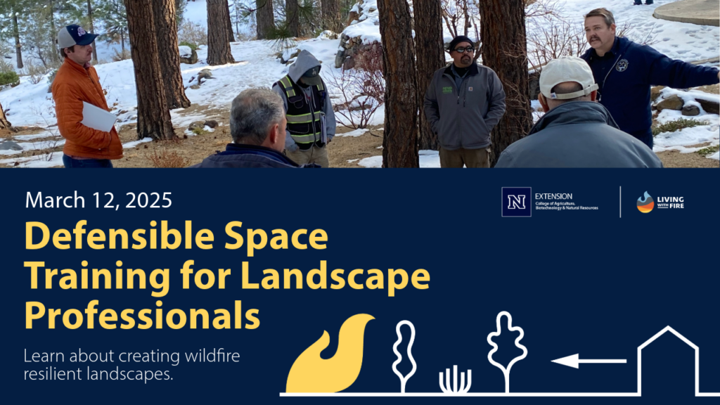 photo of a group of people outside of a home in a wooded area with text thare reads, "Living With FIre Defensible Space Training for Landscape Professionals."